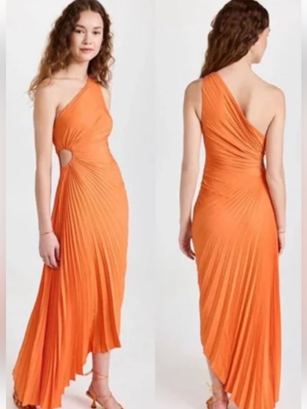 House of Harlow 1960 One-Shoulder Orange Pleated Midi Dress